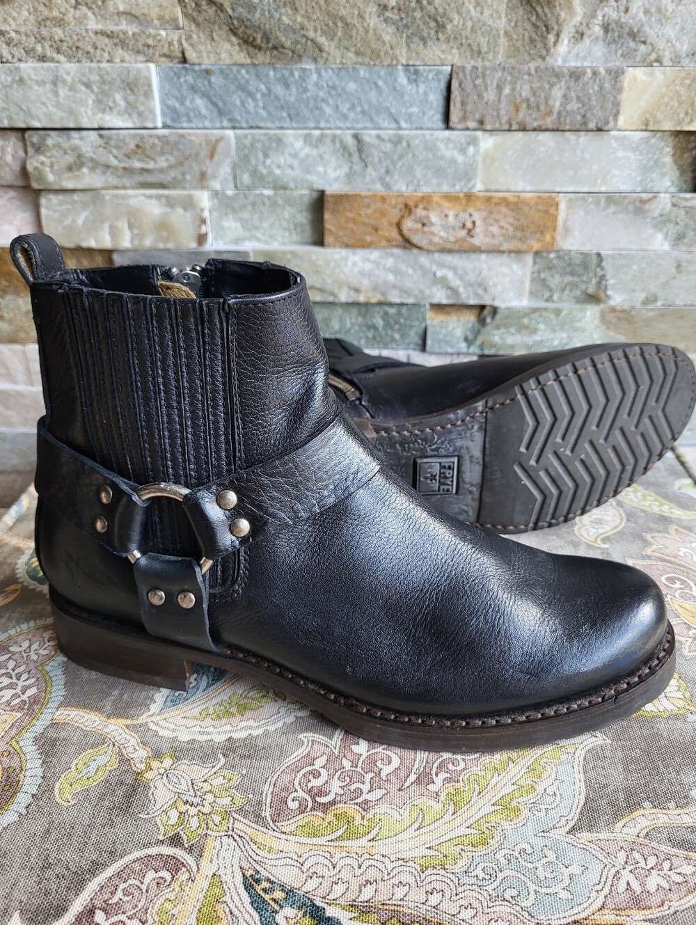 Frye Black Leather Harness Ankle Boots